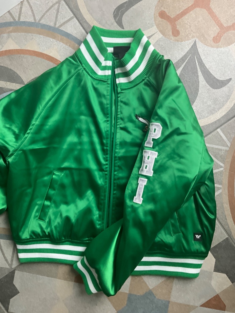 The Wild Collective x Anthropologie Eagles Satin Bomber Jacket Size Small NWT - Picture 6 of 10